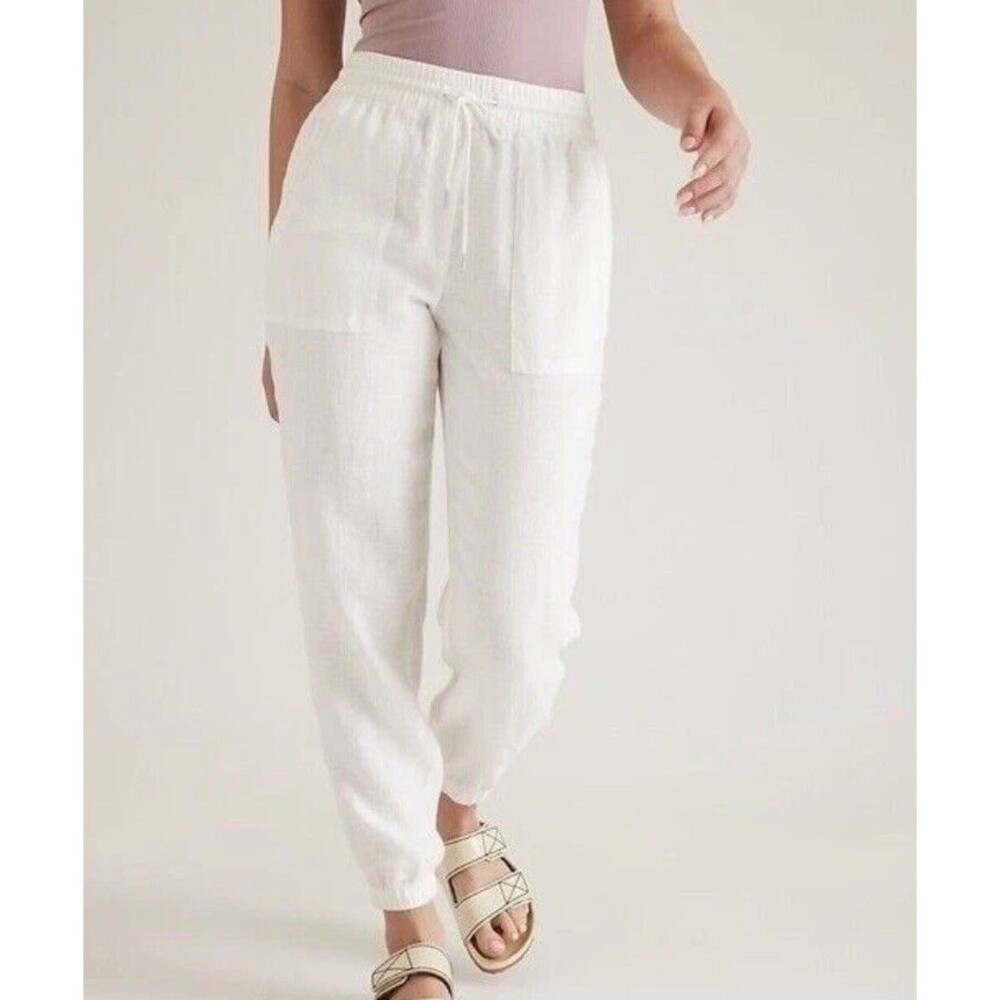 Athleta Retreat Linen Jogger Pants Womens 22 White Drawstring High Rise Casual